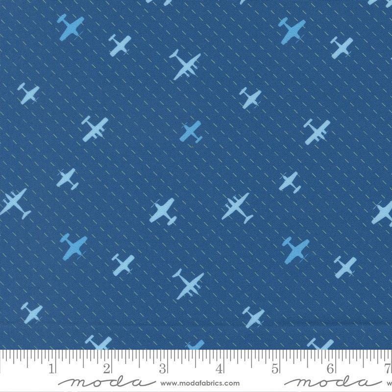 Image of High Flight Airplanes Harbor quilting cotton fabric by Sariditty for Moda Fabric. Features airplanes on a blue background. Cute Little Fabric Shop