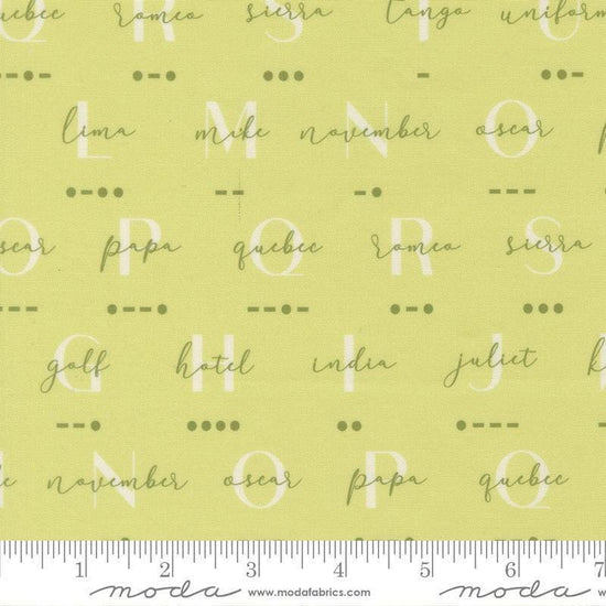 Image of High Flight Morse Leaf quilting cotton fabric by Sariditty for Moda Fabric. Features text on a yellow background. Cute Little Fabric Shop