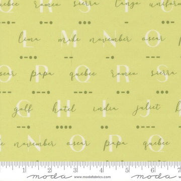Image of High Flight Morse Leaf quilting cotton fabric by Sariditty for Moda Fabric. Features text on a yellow background. Cute Little Fabric Shop