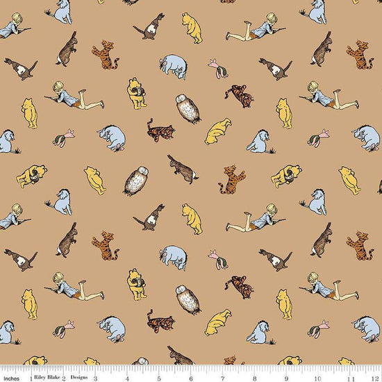 Image of Winnie the Pooh Characters Brown quilting cotton fabric by Echo Park Paper Co for Riley Blake Designs. Features characters on a brown background. Cute Little Fabric Shop