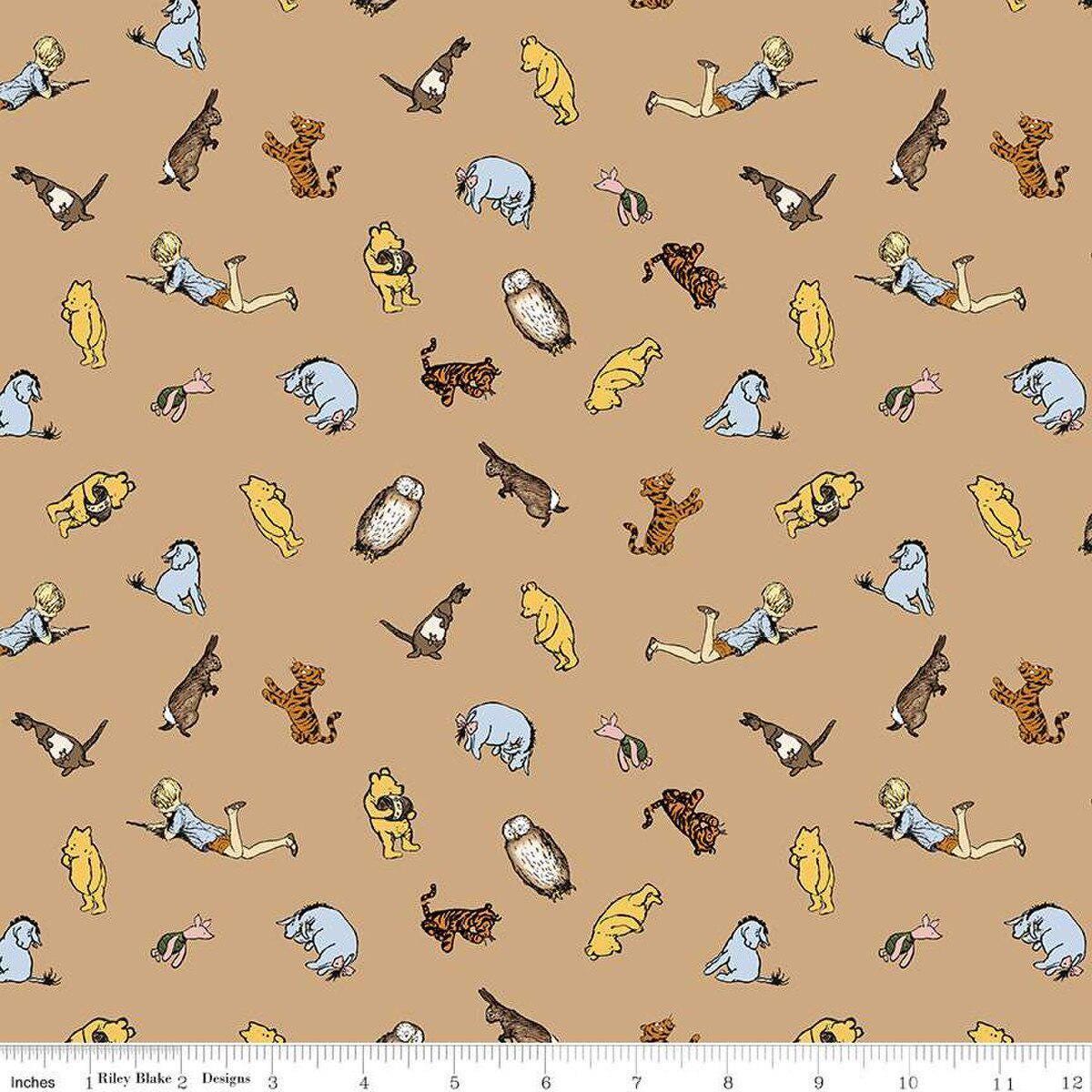 Image of Winnie the Pooh Characters Brown quilting cotton fabric by Echo Park Paper Co for Riley Blake Designs. Features characters on a brown background. Cute Little Fabric Shop