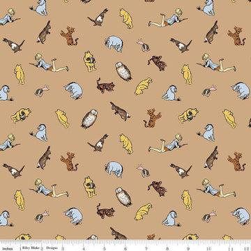 Image of Winnie the Pooh Characters Brown quilting cotton fabric by Echo Park Paper Co for Riley Blake Designs. Features characters on a brown background. Cute Little Fabric Shop