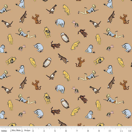 Image of Winnie the Pooh Characters Brown quilting cotton fabric by Echo Park Paper Co for Riley Blake Designs. Features characters on a brown background. Cute Little Fabric Shop