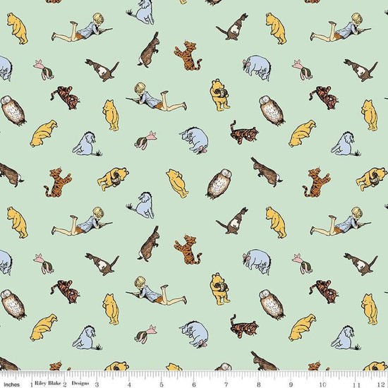 Image of Winnie the Pooh Characters Green quilting cotton fabric by Echo Park Paper Co for Riley Blake Designs. Features characters on a green background. Cute Little Fabric Shop