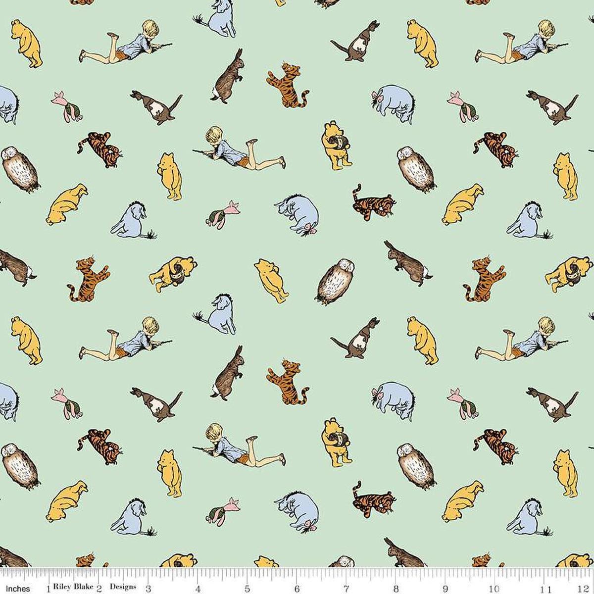 Image of Winnie the Pooh Characters Green quilting cotton fabric by Echo Park Paper Co for Riley Blake Designs. Features characters on a green background. Cute Little Fabric Shop