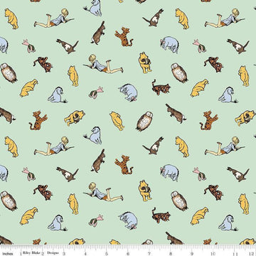 Image of Winnie the Pooh Characters Green quilting cotton fabric by Echo Park Paper Co for Riley Blake Designs. Features characters on a green background. Cute Little Fabric Shop