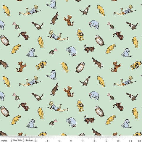 Image of Winnie the Pooh Characters Green quilting cotton fabric by Echo Park Paper Co for Riley Blake Designs. Features characters on a green background. Cute Little Fabric Shop
