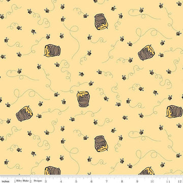 Image of Winnie the Pooh Bees Sunshine quilting cotton fabric by Echo Park Paper Co for Riley Blake Designs. Features bees on a yellow background. Cute Little Fabric Shop