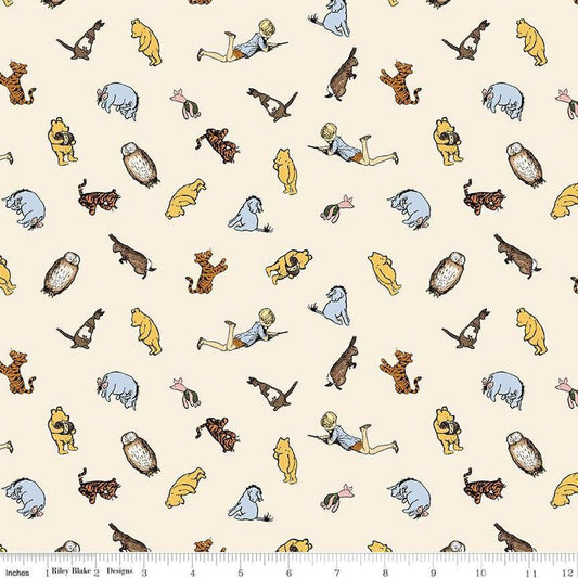 Image of Winnie the Pooh Characters Cream quilting cotton fabric by Echo Park Paper Co for Riley Blake Designs. Features characters on a cream background. Cute Little Fabric Shop