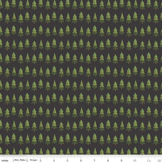 Fat Quarter End of Bolt - SALE Holly Holiday Trees C10883 Charcoal - Riley Blake - Christmas Pines Pine Trees Black - Quilting Cotton Fabric