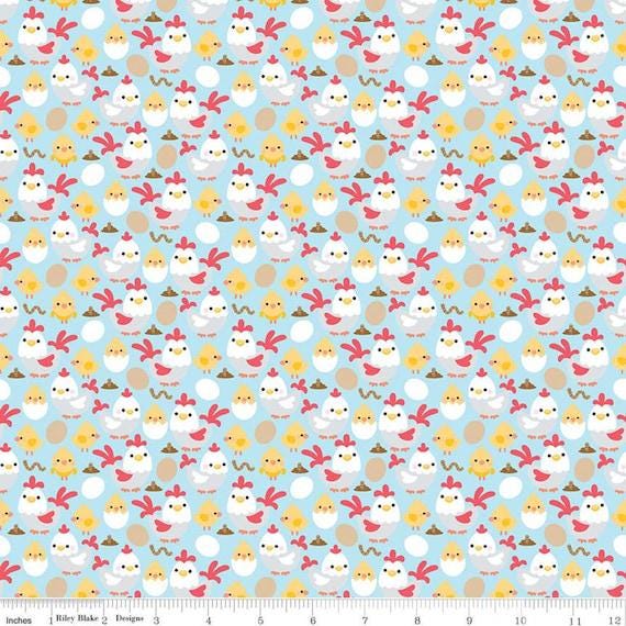 SALE Down on the Farm Chickens C10074 Blue - Riley Blake Designs - Children's Juvenile Chickens Chicks Eggs Worms - Quilting Cotton Fabric
