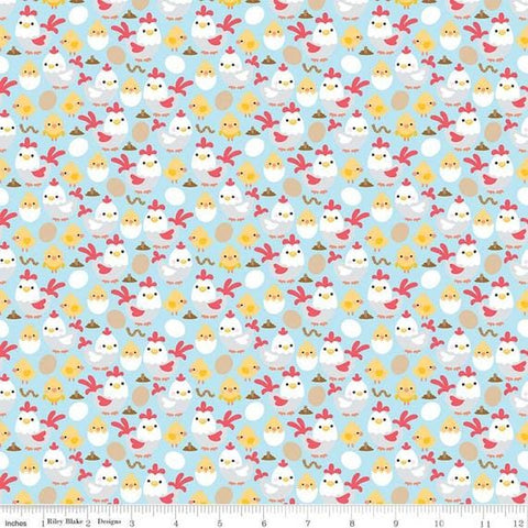 SALE Down on the Farm Chickens C10074 Blue - Riley Blake Designs - Children's Juvenile Chickens Chicks Eggs Worms - Quilting Cotton Fabric