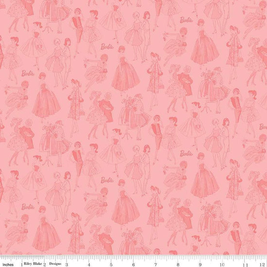 Image of Barbie™ Vintage Tonal Pink quilting cotton fabric by Official Licensed Product for Riley Blake Designs. Features dresses on a pink background. Cute Little Fabric Shop