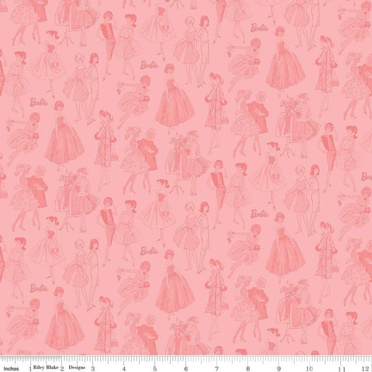 Image of Barbie™ Vintage Tonal Pink quilting cotton fabric by Official Licensed Product for Riley Blake Designs. Features dresses on a pink background. Cute Little Fabric Shop