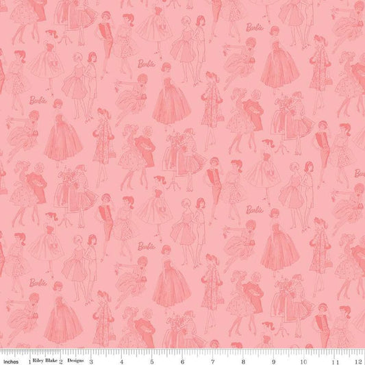 Image of Barbie™ Vintage Tonal Pink quilting cotton fabric by Official Licensed Product for Riley Blake Designs. Features dresses on a pink background. Cute Little Fabric Shop