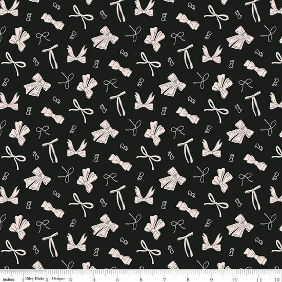 Image of Barbie™ Vintage Bows Black quilting cotton fabric by Official Licensed Product for Riley Blake Designs. Features bows on a black background. Cute Little Fabric Shop
