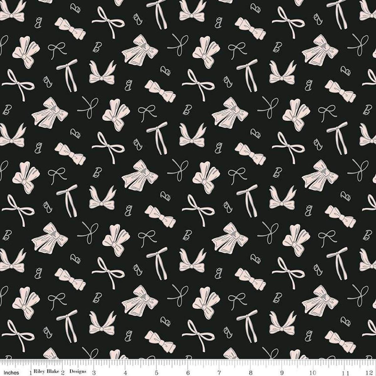 Image of Barbie™ Vintage Bows Black quilting cotton fabric by Official Licensed Product for Riley Blake Designs. Features bows on a black background. Cute Little Fabric Shop