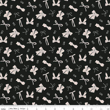 Image of Barbie™ Vintage Bows Black quilting cotton fabric by Official Licensed Product for Riley Blake Designs. Features bows on a black background. Cute Little Fabric Shop