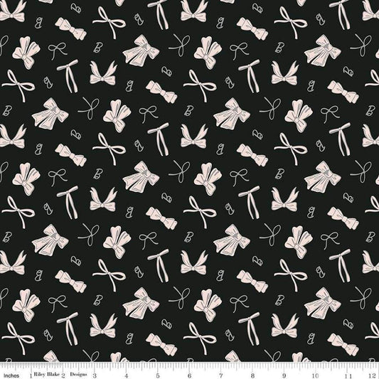 Image of Barbie™ Vintage Bows Black quilting cotton fabric by Official Licensed Product for Riley Blake Designs. Features bows on a black background. Cute Little Fabric Shop