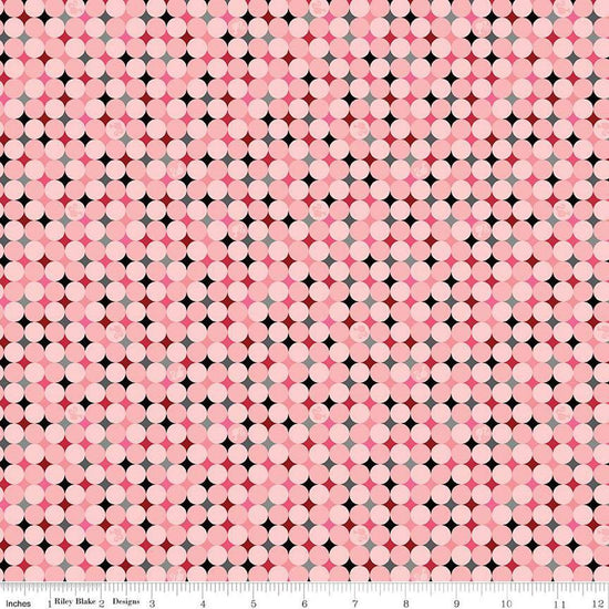 Image of Barbie™ Vintage Sparkle Dots Pink quilting cotton fabric by Official Licensed Product for Riley Blake Designs. Features dots on a pink background. Cute Little Fabric Shop