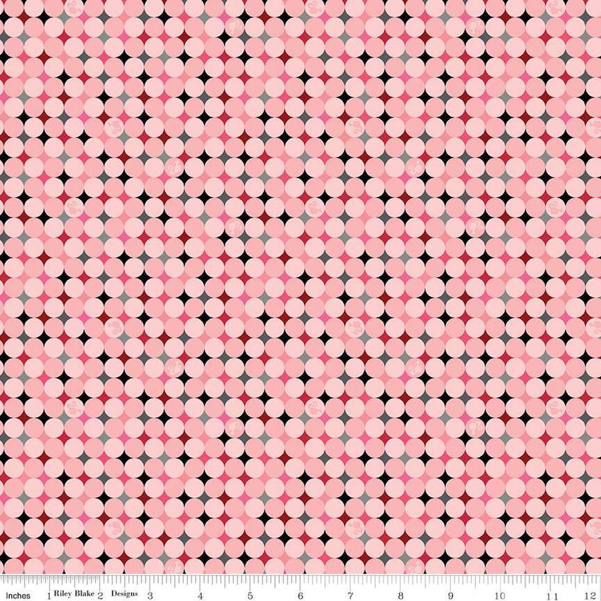 Image of Barbie™ Vintage Sparkle Dots Pink quilting cotton fabric by Official Licensed Product for Riley Blake Designs. Features dots on a pink background. Cute Little Fabric Shop