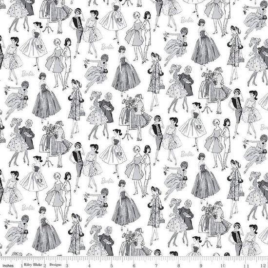 Image of Barbie™ Vintage Tonal White quilting cotton fabric by Official Licensed Product for Riley Blake Designs. Features dresses on a white background. Cute Little Fabric Shop