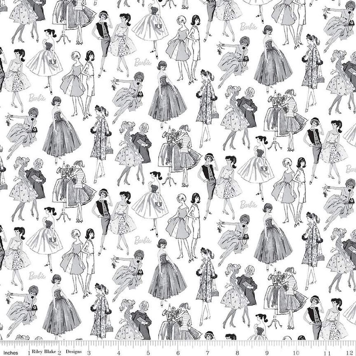 Image of Barbie™ Vintage Tonal White quilting cotton fabric by Official Licensed Product for Riley Blake Designs. Features dresses on a white background. Cute Little Fabric Shop