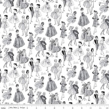 Image of Barbie™ Vintage Tonal White quilting cotton fabric by Official Licensed Product for Riley Blake Designs. Features dresses on a white background. Cute Little Fabric Shop