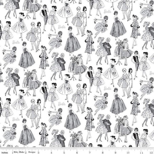 Image of Barbie™ Vintage Tonal White quilting cotton fabric by Official Licensed Product for Riley Blake Designs. Features dresses on a white background. Cute Little Fabric Shop