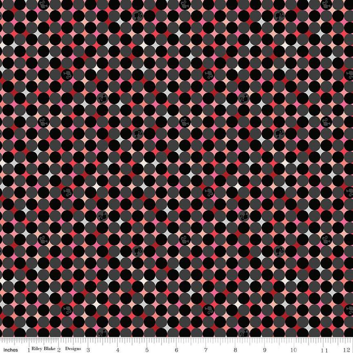 Image of Barbie™ Vintage Sparkle Dots Black quilting cotton fabric by Official Licensed Product for Riley Blake Designs. Features dots on a black background. Cute Little Fabric Shop