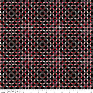 Image of Barbie™ Vintage Sparkle Dots Black quilting cotton fabric by Official Licensed Product for Riley Blake Designs. Features dots on a black background. Cute Little Fabric Shop