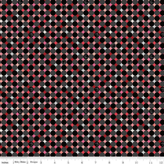 Image of Barbie™ Vintage Sparkle Dots Black quilting cotton fabric by Official Licensed Product for Riley Blake Designs. Features dots on a black background. Cute Little Fabric Shop