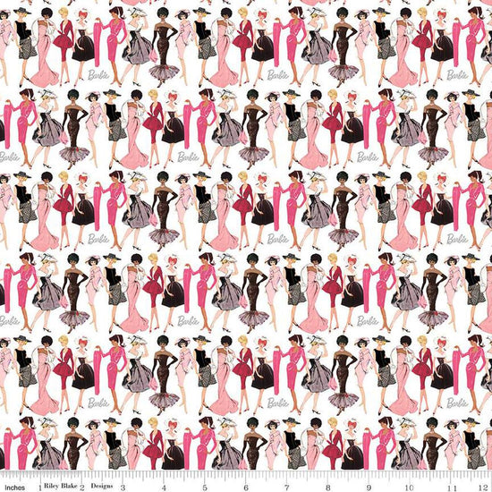 Image of Barbie™ Vintage Fashion White quilting cotton fabric by Official Licensed Product for Riley Blake Designs. Features dresses on a white background. Cute Little Fabric Shop