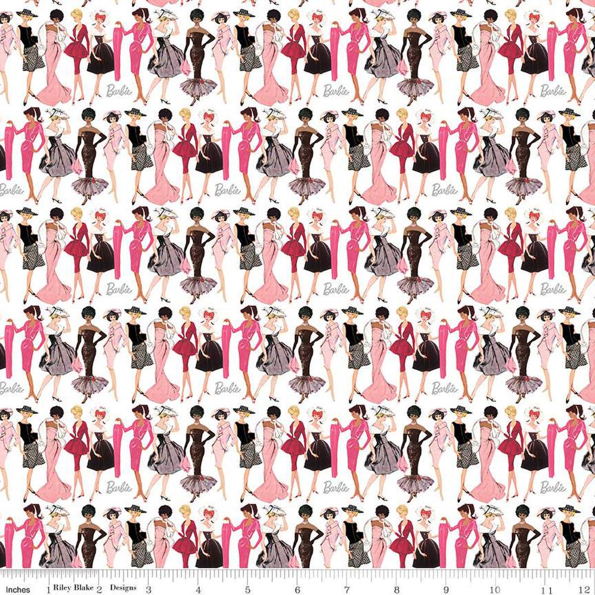 Image of Barbie™ Vintage Fashion White quilting cotton fabric by Official Licensed Product for Riley Blake Designs. Features dresses on a white background. Cute Little Fabric Shop