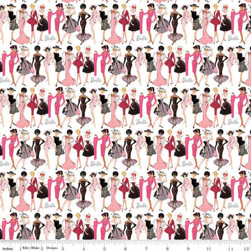 Image of Barbie™ Vintage Fashion White quilting cotton fabric by Official Licensed Product for Riley Blake Designs. Features dresses on a white background. Cute Little Fabric Shop