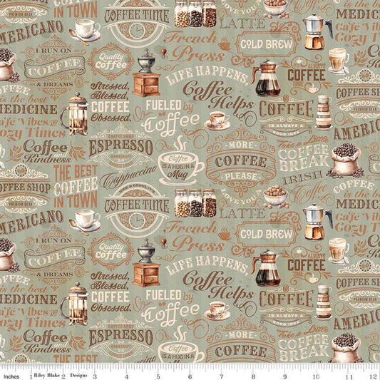 Image of Coffee Time Text Sage quilting cotton fabric by The RBD Designers for Riley Blake Designs. Features text on a green background. Cute Little Fabric Shop