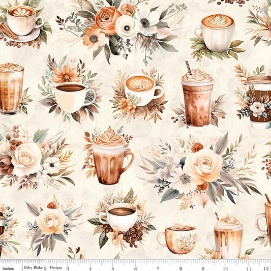 Image of Coffee Time Main Cream quilting cotton fabric by The RBD Designers for Riley Blake Designs. Features flowers on a cream background. Cute Little Fabric Shop