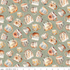 Image of Coffee Time Coffee Mugs Sage quilting cotton fabric by The RBD Designers for Riley Blake Designs. Features cups on a green background. Cute Little Fabric Shop