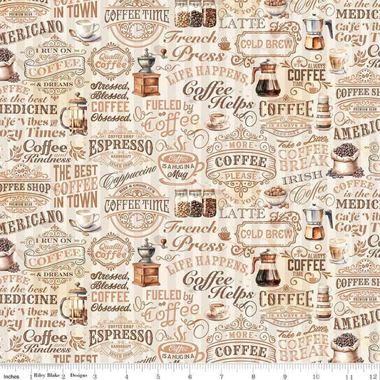 Image of Coffee Time Text Cream quilting cotton fabric by The RBD Designers for Riley Blake Designs. Features text on a beige background. Cute Little Fabric Shop