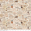 Image of Coffee Time Text Cream quilting cotton fabric by The RBD Designers for Riley Blake Designs. Features text on a beige background. Cute Little Fabric Shop