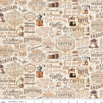 Image of Coffee Time Text Cream quilting cotton fabric by The RBD Designers for Riley Blake Designs. Features text on a beige background. Cute Little Fabric Shop