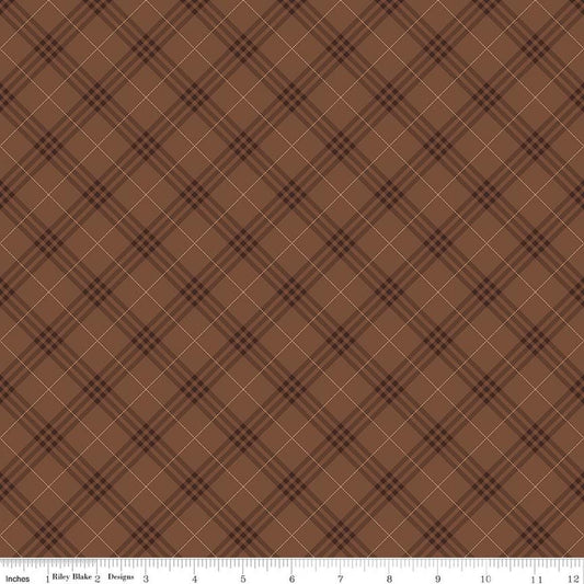 Image of Coffee Time Plaid Brown quilting cotton fabric by The RBD Designers for Riley Blake Designs. Features plaid on a brown background. Cute Little Fabric Shop