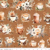 Image of Coffee Time Main Cinnamon quilting cotton fabric by The RBD Designers for Riley Blake Designs. Features flowers on a brown background. Cute Little Fabric Shop