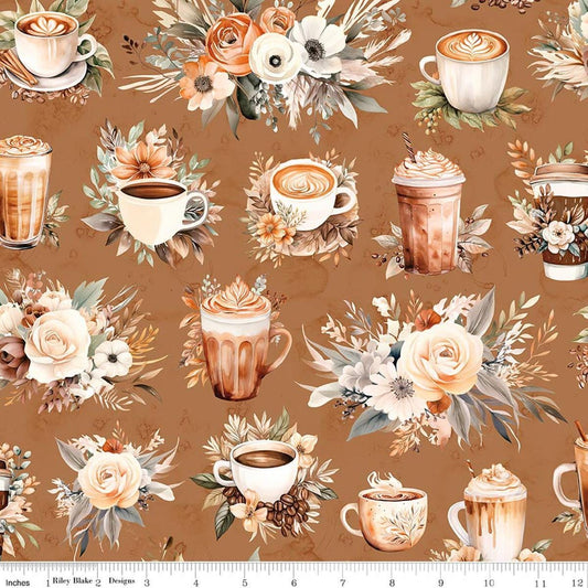 Image of Coffee Time Main Cinnamon quilting cotton fabric by The RBD Designers for Riley Blake Designs. Features flowers on a brown background. Cute Little Fabric Shop