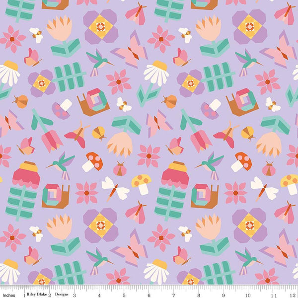 Image of Patchwork Main Purple quilting cotton fabric by Liza Taylor for Riley Blake Designs. Features nature on a purple background. Cute Little Fabric Shop