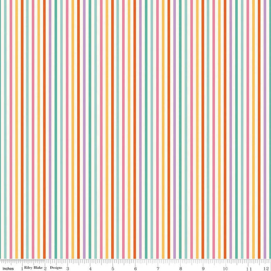 Image of Patchwork Stripes Multi quilting cotton fabric by Liza Taylor for Riley Blake Designs. Features stripes on an orange background. Cute Little Fabric Shop
