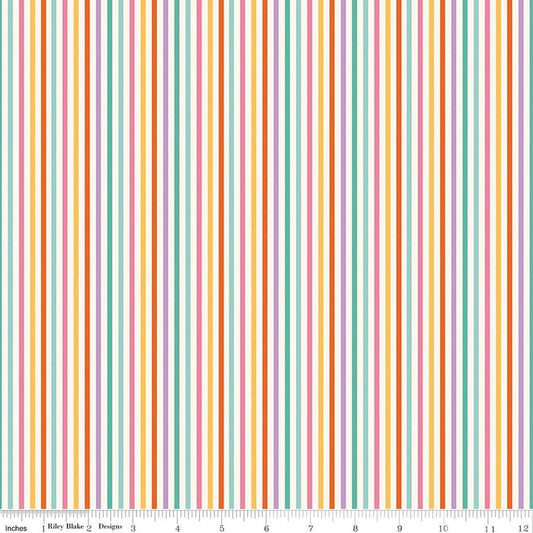 Image of Patchwork Stripes Multi quilting cotton fabric by Liza Taylor for Riley Blake Designs. Features stripes on an orange background. Cute Little Fabric Shop