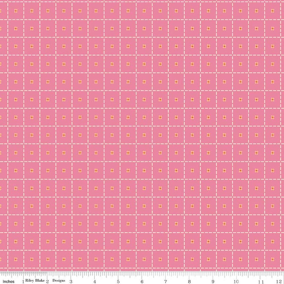 Image of Patchwork Stiches Pink quilting cotton fabric by Liza Taylor for Riley Blake Designs. Features squares on a pink background. Cute Little Fabric Shop