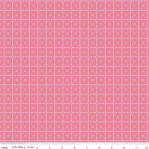 Image of Patchwork Stiches Pink quilting cotton fabric by Liza Taylor for Riley Blake Designs. Features squares on a pink background. Cute Little Fabric Shop