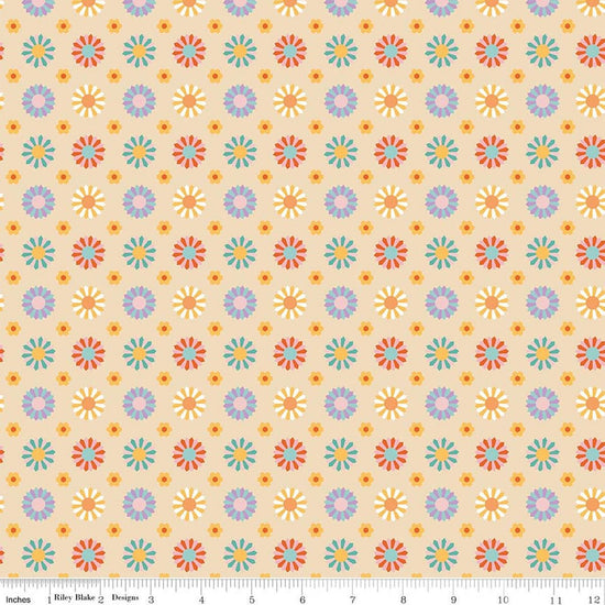 Image of Patchwork Dresden Vanilla quilting cotton fabric by Liza Taylor for Riley Blake Designs. Features Dresden on a yellow background. Cute Little Fabric Shop